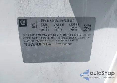 2017 Chevrolet Cruze Ls Auto из США, поврежденный, VIN 1G1BC5SM3H7204347